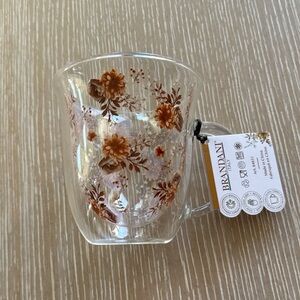 BRANDANI ITALY DOUBLE WALL MOUTH-BLOWN GLASS AUTUMAL FLORAL 15oz COFFEE MUG CUP
